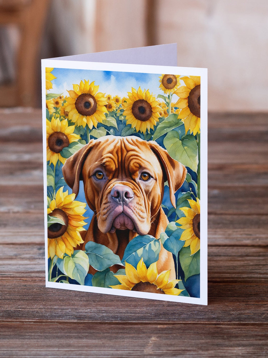 Dogue de Bordeaux in Sunflowers Greeting Cards Pack of 8 Blank Cards with Envelopes Whimsical A7 Size 5x7