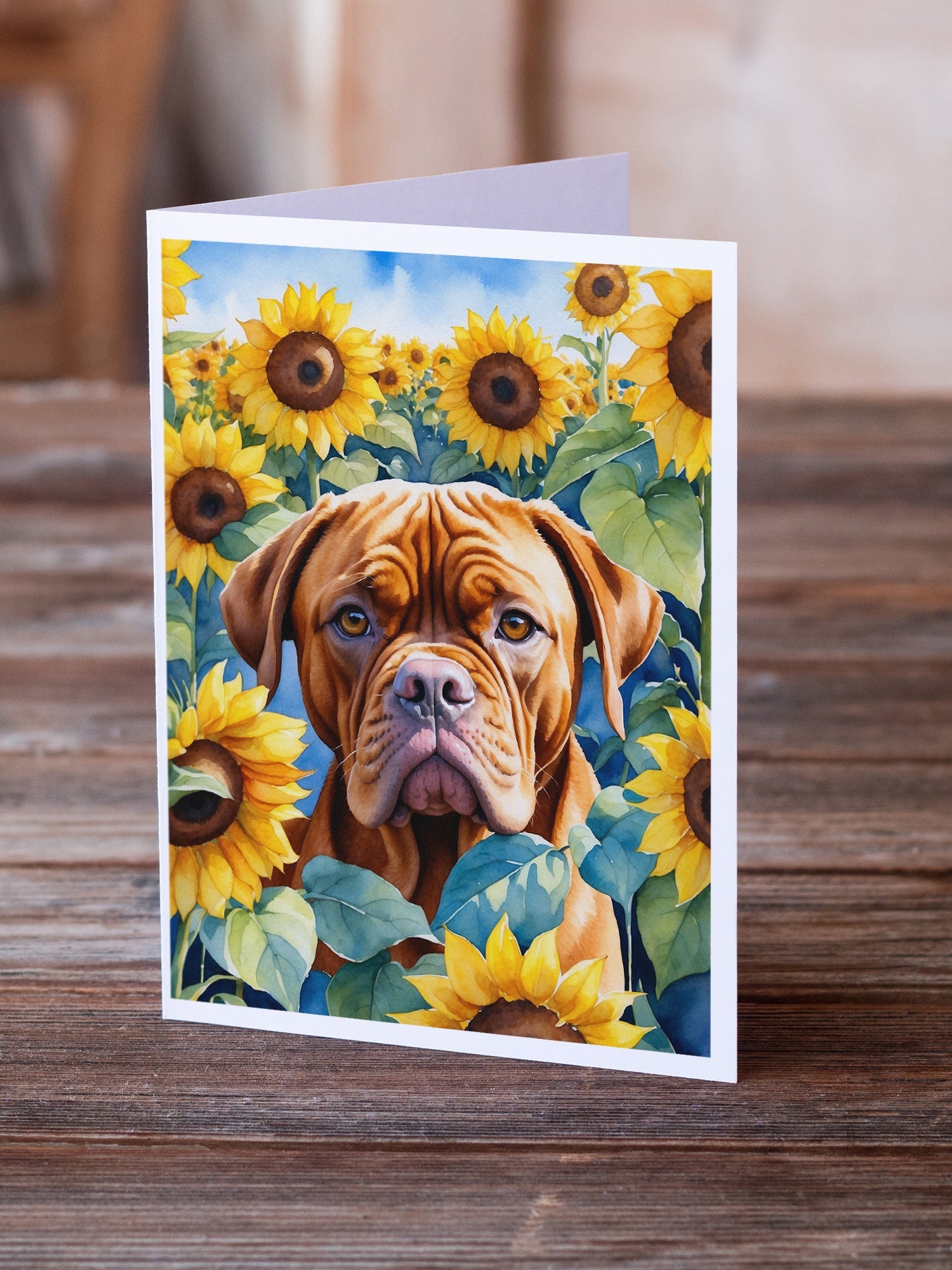 Dogue de Bordeaux in Sunflowers Greeting Cards Pack of 8 Blank Cards with Envelopes Whimsical A7 Size 5x7