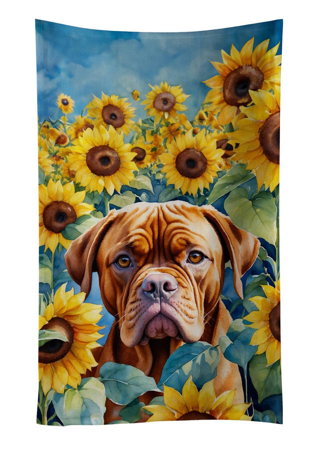 Dogue de Bordeaux in Sunflowers Kitchen Towel Velour Plush Front and Cotton Loop Back Machine Washable
