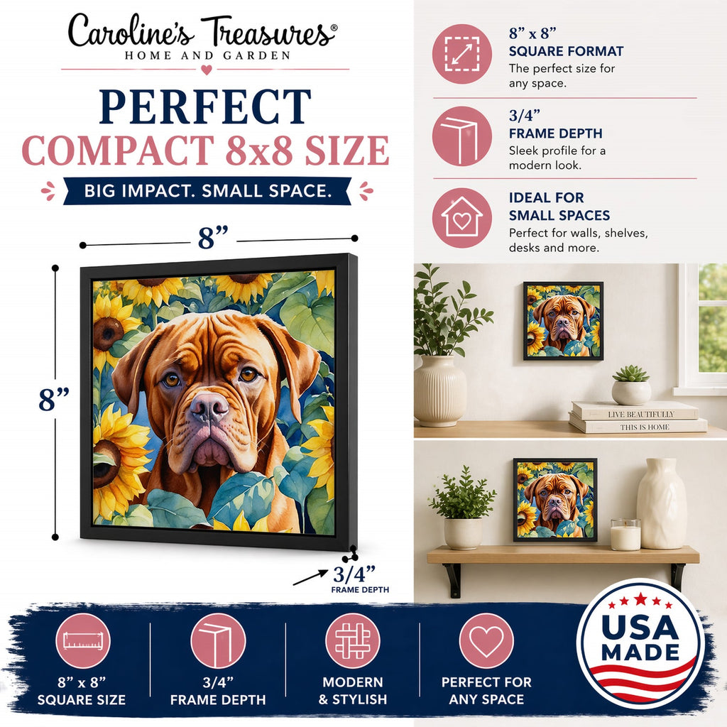 Dogue de Bordeaux in Sunflowers Framed Metal Print Bathroom, Kitchen, Office, Home Decor Wall Art Ready to Hang, Square, 8X8