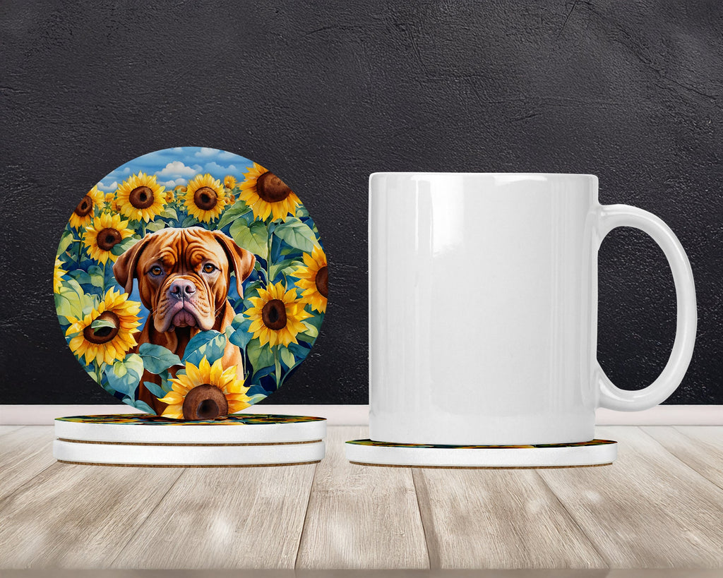 Dogue de Bordeaux in Sunflowers Large Sandstone Coasters Pack of 4 Absorbent Round Coasters Decor Gifts for Men or Women, 4 in, Multicolor