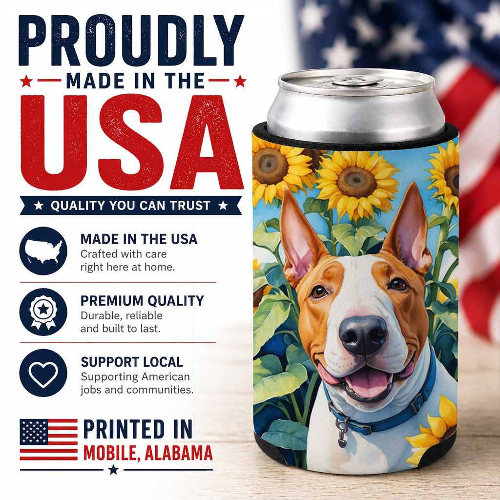 English Bull Terrier in Sunflowers Can or Bottle Hugger Cooler Sleeve for Standard 12 oz Cans, Insulated Foam Beer & Soda Can Hugger Reusable
