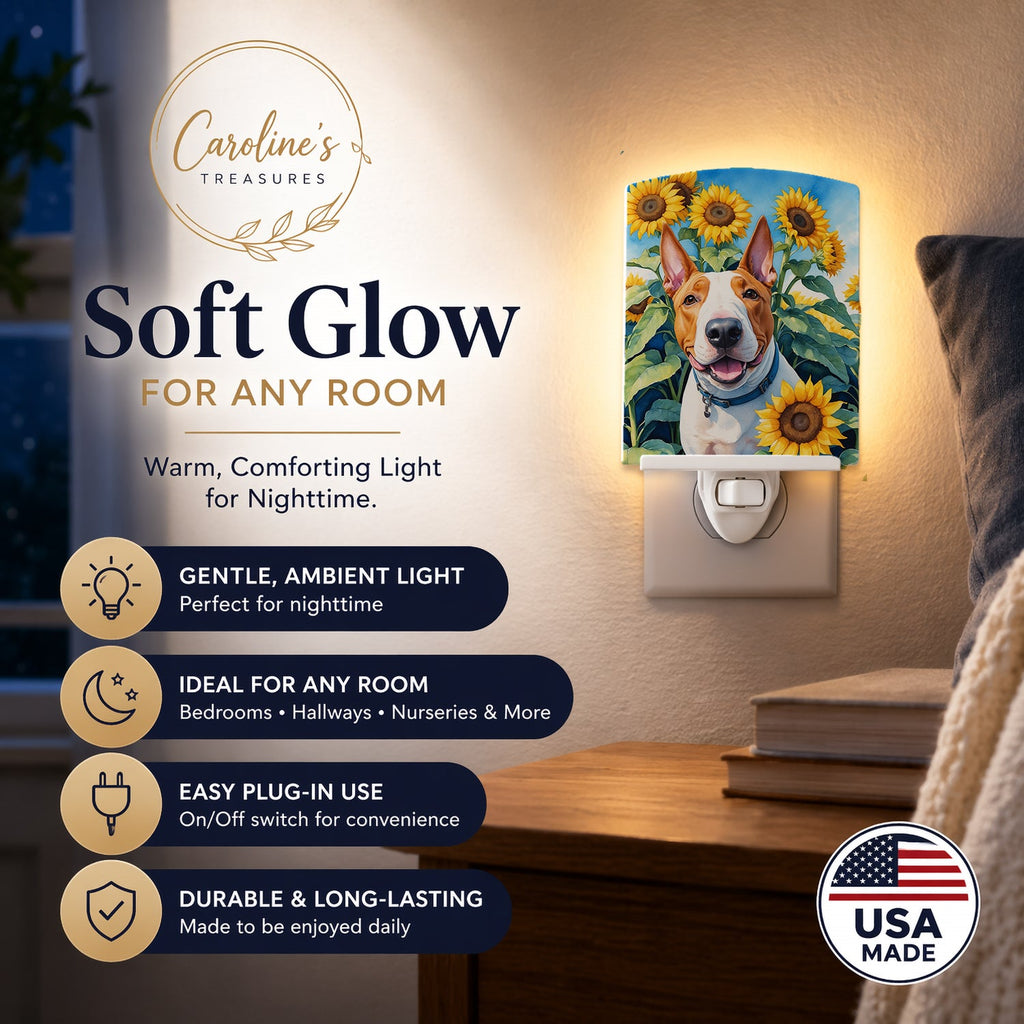 English Bull Terrier in Sunflowers Ceramic Night Light Compact, UL-Certified, Ideal for Bedroom, Bathroom, Nursery, Hallway, Kitchen, 6x4x3, Multicolor