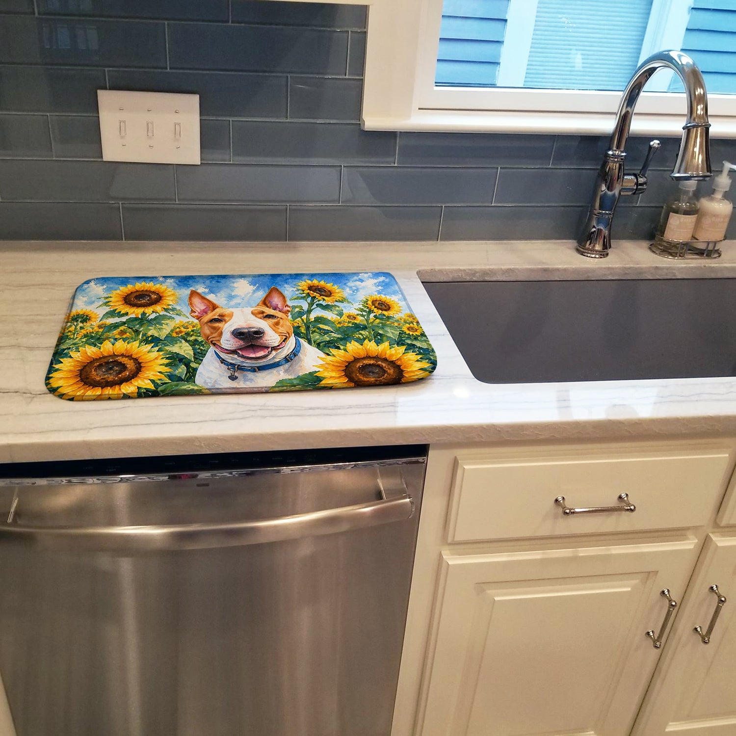 English Bull Terrier in Sunflowers Dish Drying Mat Absorbent Dish Drying Mat Pad for Kitchen Counter Dish Drainer Mat for Countertop, 14 x 21", Multicolor