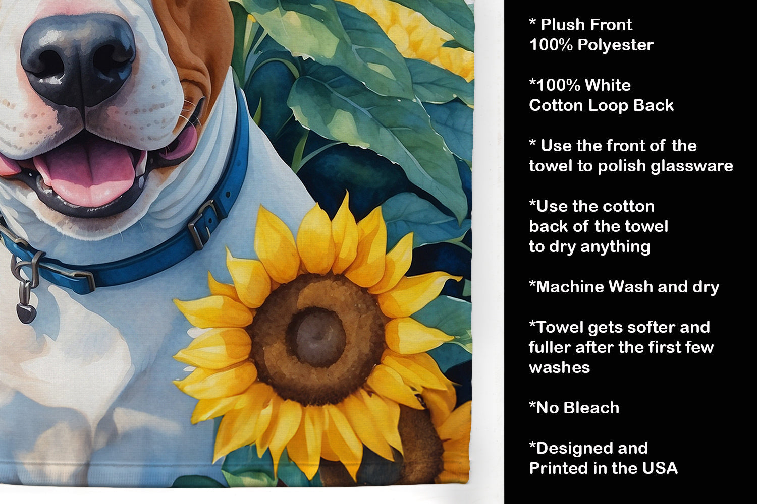 English Bull Terrier in Sunflowers Kitchen Towel Velour Plush Front and Cotton Loop Back Machine Washable