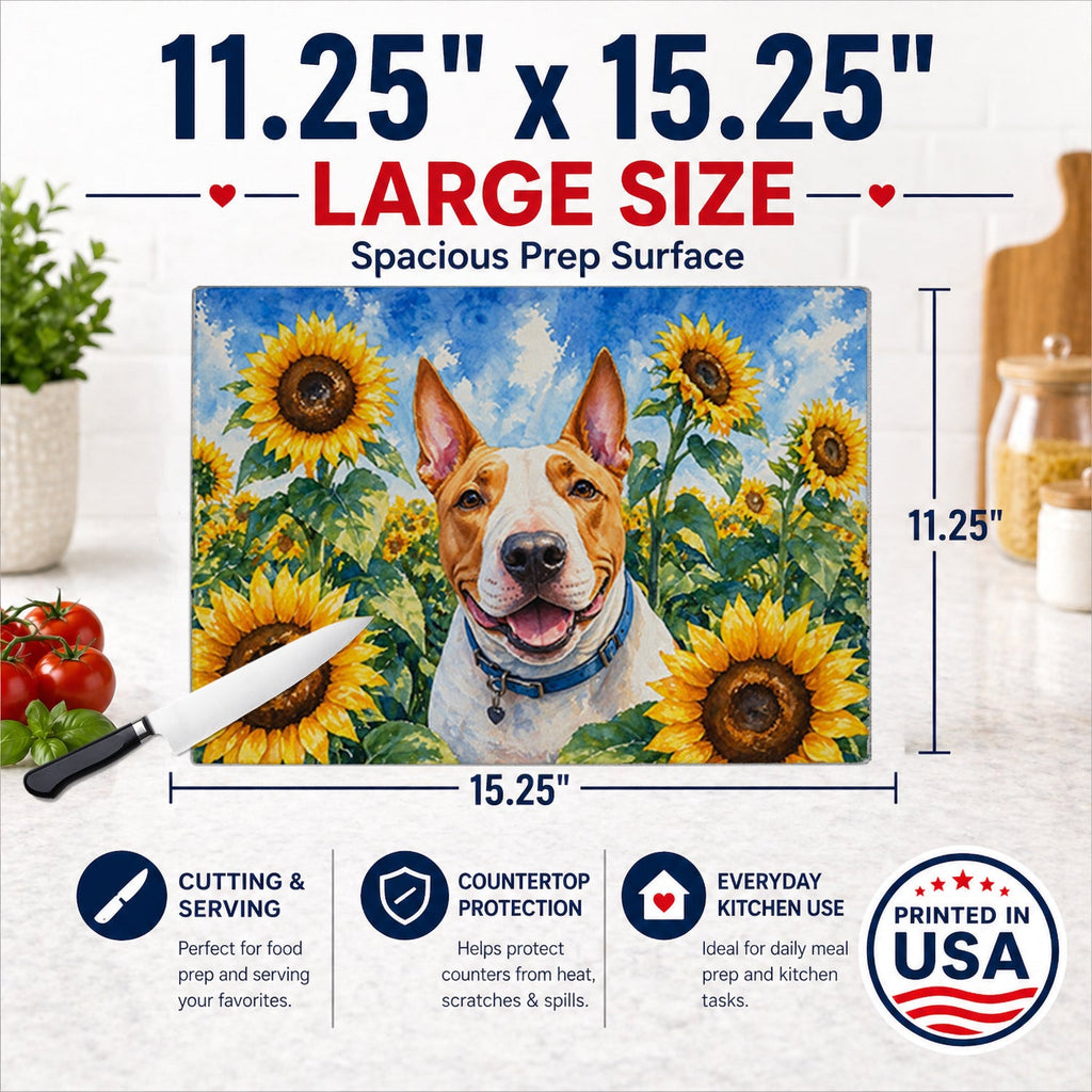 English Bull Terrier in Sunflowers Cutting Board Tempered Glass Kitchen Cutting Surface, Heat Resistant Chopping Board with Non-Slip Feet, Decorative Food Prep & Serving