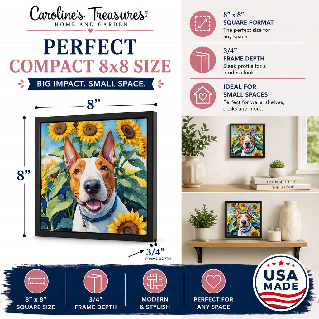 English Bull Terrier in Sunflowers Framed Metal Print Bathroom, Kitchen, Office, Home Decor Wall Art Ready to Hang, Square, 8X8