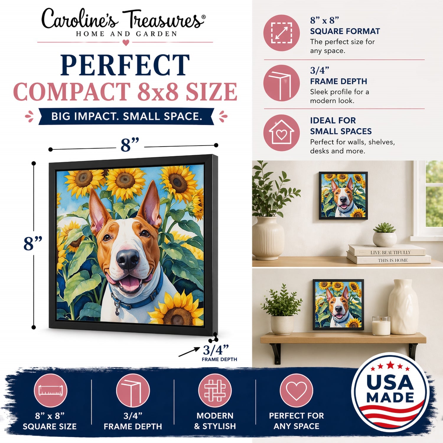 English Bull Terrier in Sunflowers Framed Metal Print Bathroom, Kitchen, Office, Home Decor Wall Art Ready to Hang, Square, 8X8