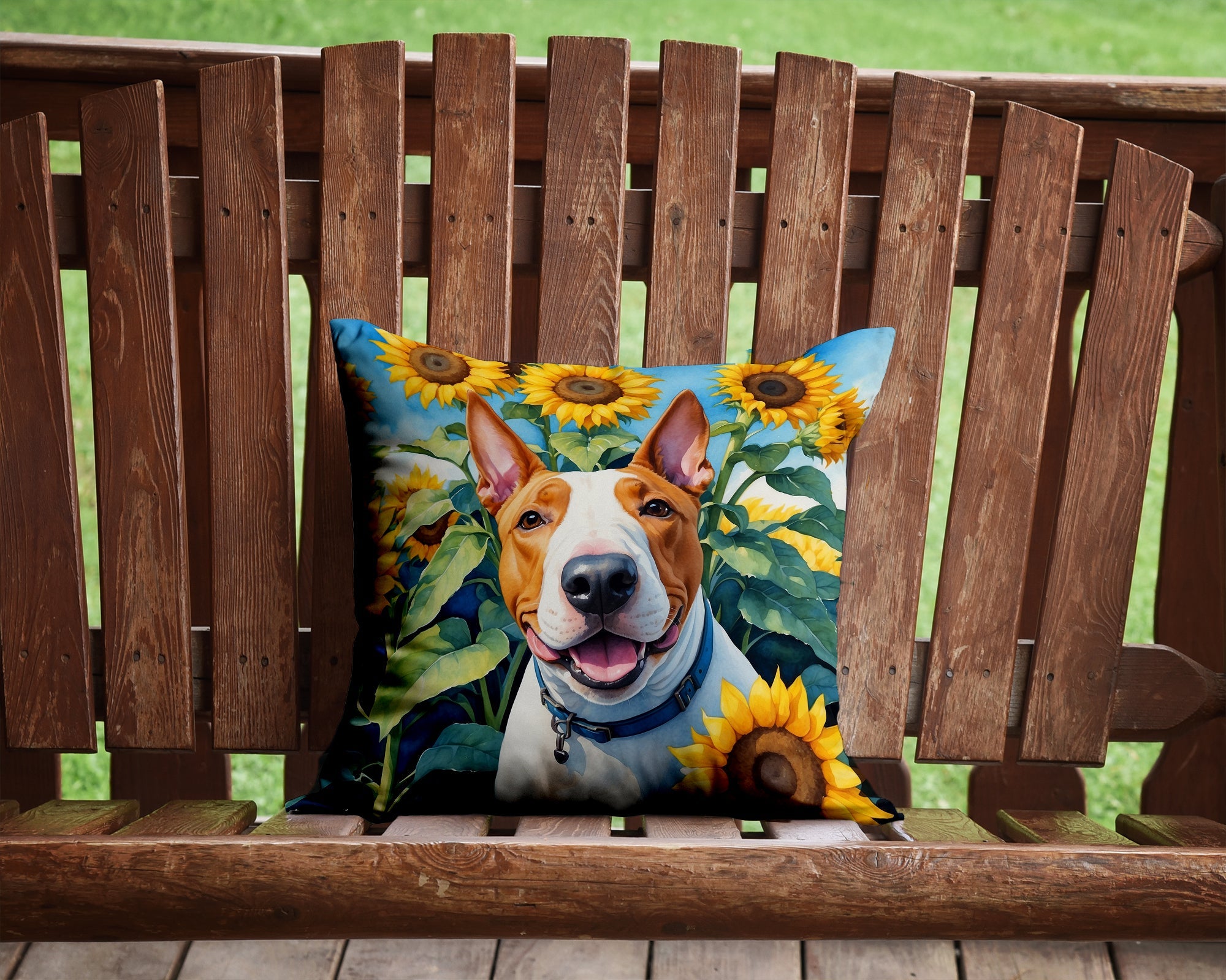 English Bull Terrier in Sunflowers Decorative Throw Pillow 14x14 Indoor Outdoor Accent Cushion, Fabric Cover with Insert for Sofa, Bed, Porch & Living Room