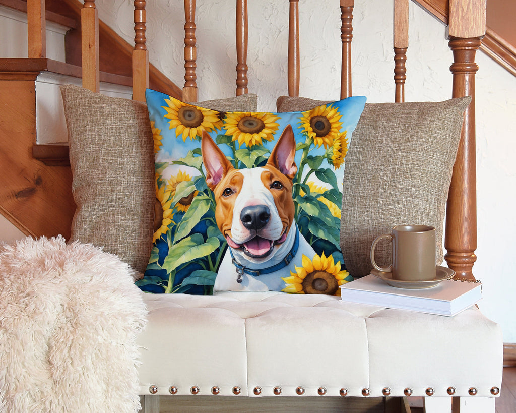 English Bull Terrier in Sunflowers Decorative Throw Pillow 14x14 Indoor Outdoor Accent Cushion, Fabric Cover with Insert for Sofa, Bed, Porch & Living Room