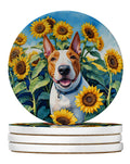 English Bull Terrier in Sunflowers Large Sandstone Coasters Pack of 4 Absorbent Round Coasters Decor Gifts for Men or Women, 4 in, Multicolor