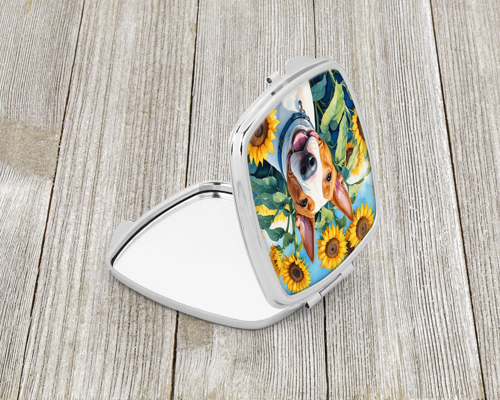 English Bull Terrier in Sunflowers Compact Mirror Decorative Travel Makeup Mirror for Women Girls Gifts Pocket Makeup Mirror Folding Handheld