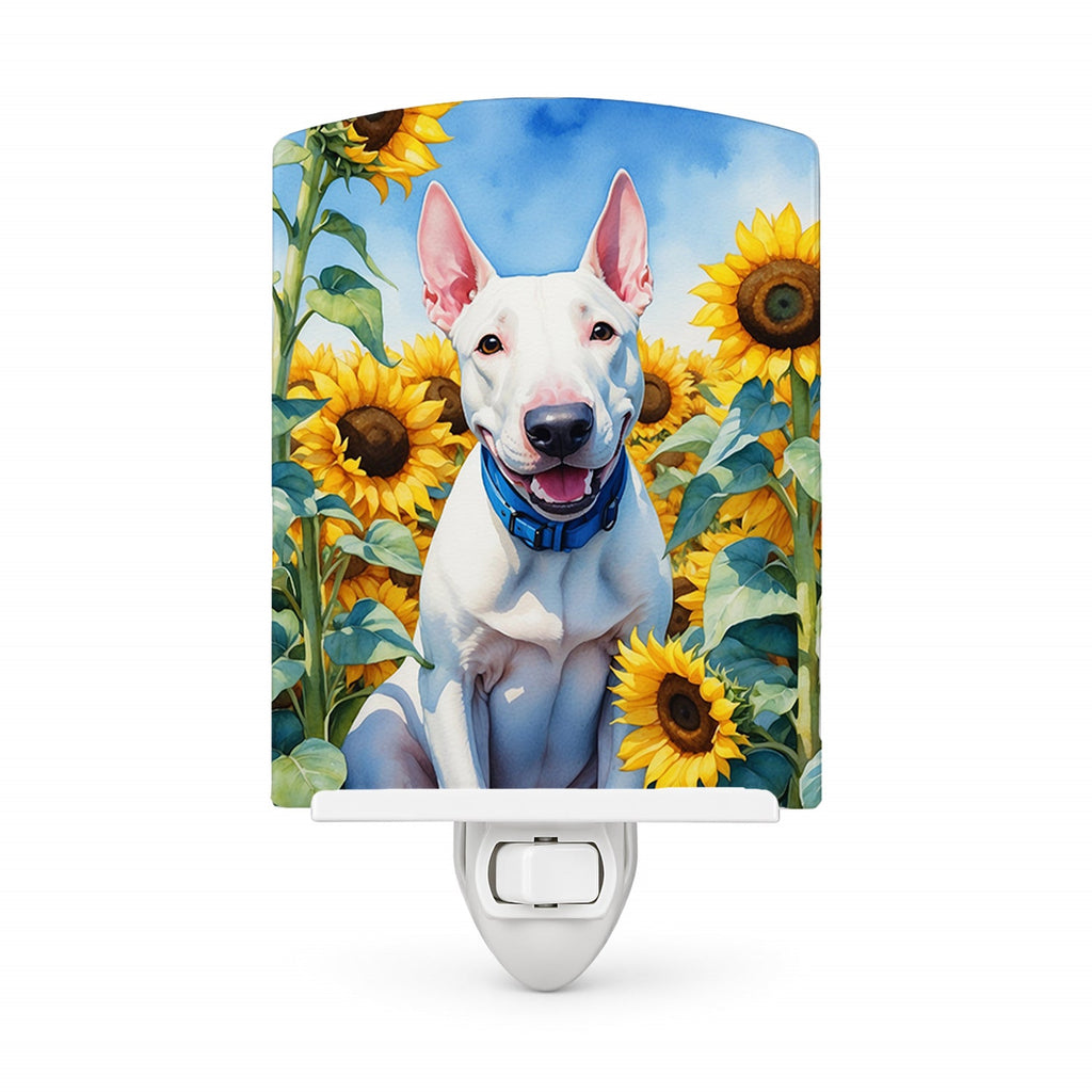 English Bull Terrier in Sunflowers Ceramic Night Light Compact, UL-Certified, Ideal for Bedroom, Bathroom, Nursery, Hallway, Kitchen, 6x4x3, Multicolor
