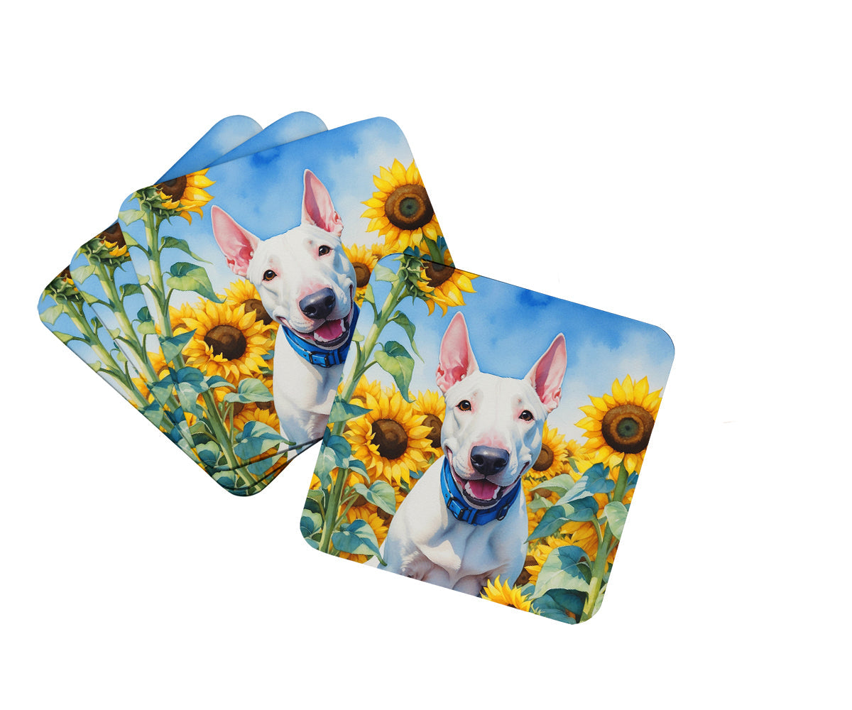 English Bull Terrier in Sunflowers Foam Coasters Set of 4 Cup Coasters for Indoor Outdoor, Tabletop Protection, Anti Slip, Mouse pad Material