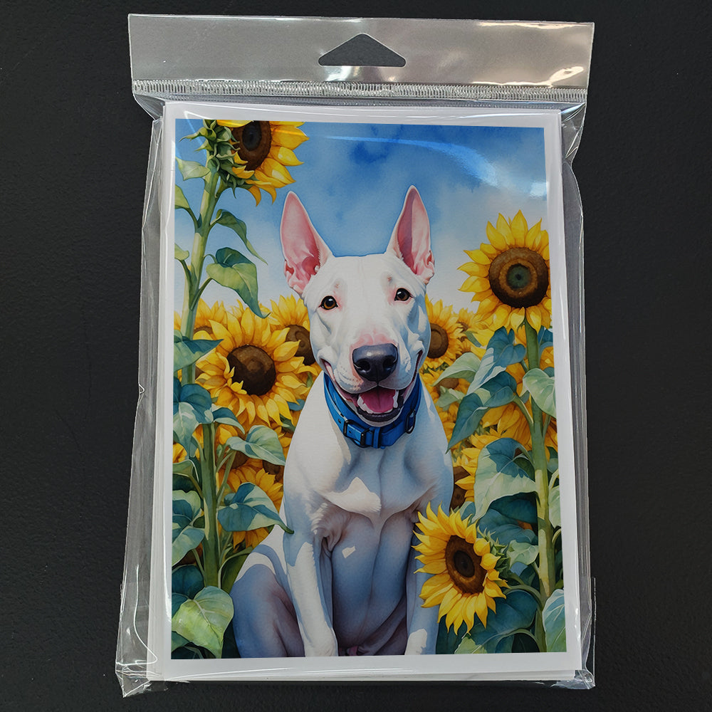 English Bull Terrier in Sunflowers Greeting Cards Pack of 8 Blank Cards with Envelopes Whimsical A7 Size 5x7