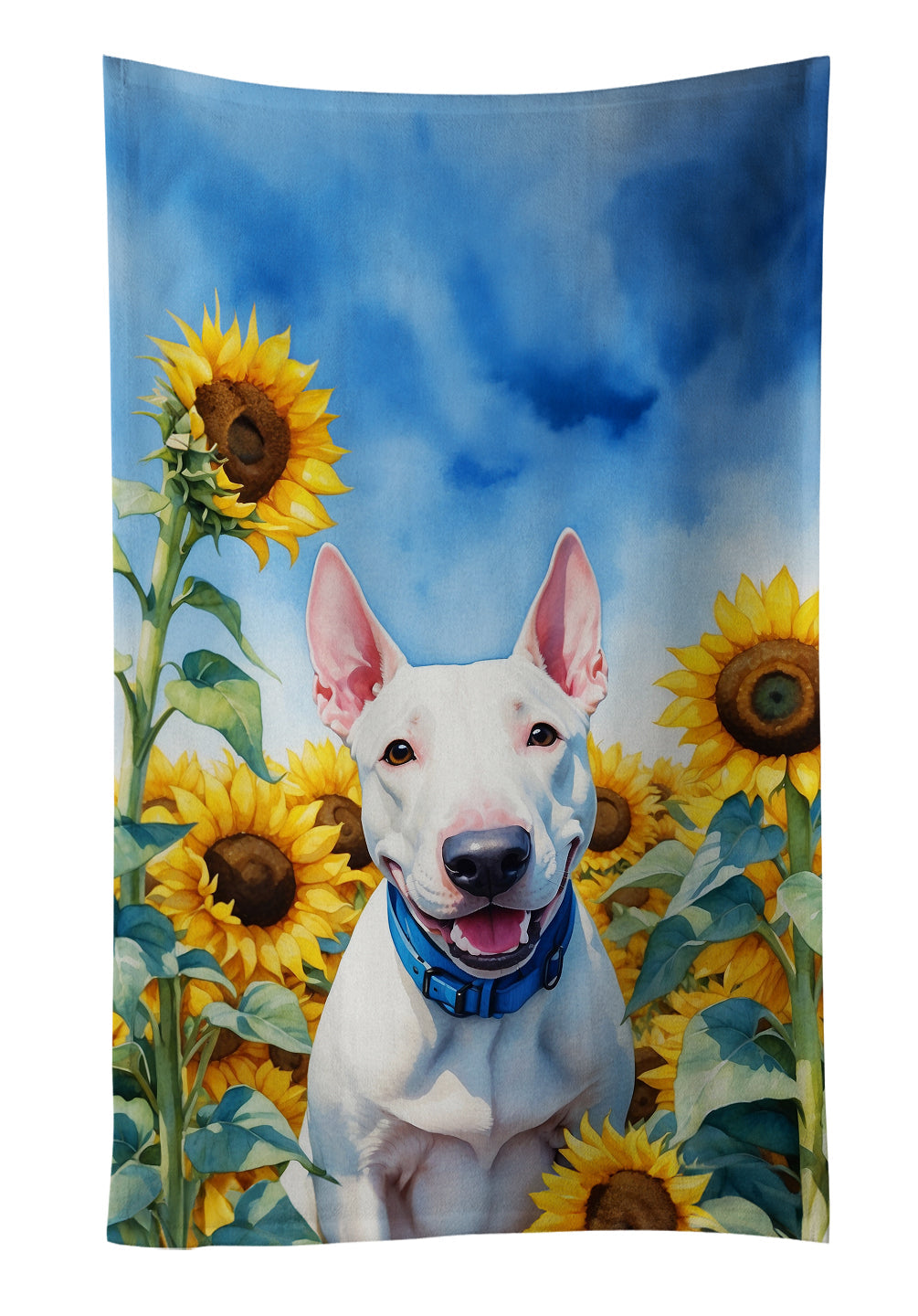 English Bull Terrier in Sunflowers Kitchen Towel Velour Plush Front and Cotton Loop Back Machine Washable