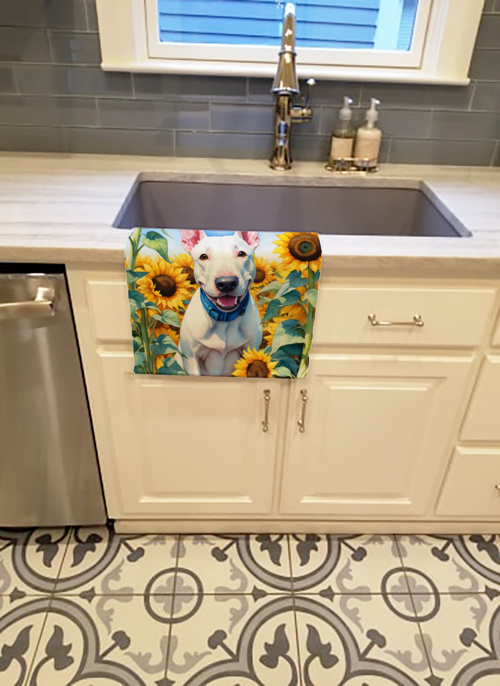 English Bull Terrier in Sunflowers Kitchen Towel Velour Plush Front and Cotton Loop Back Machine Washable