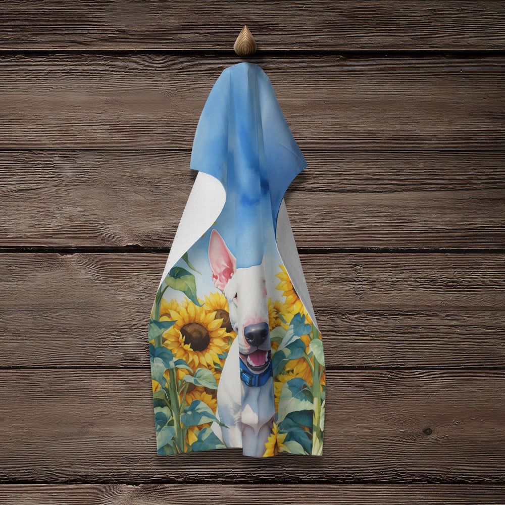 English Bull Terrier in Sunflowers Kitchen Towel Velour Plush Front and Cotton Loop Back Machine Washable