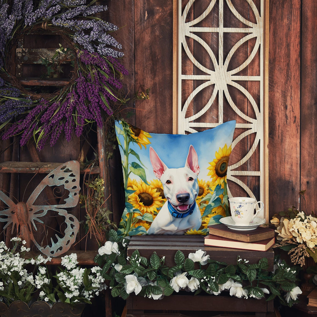 English Bull Terrier in Sunflowers Decorative Throw Pillow 14x14 Indoor Outdoor Accent Cushion, Fabric Cover with Insert for Sofa, Bed, Porch & Living Room