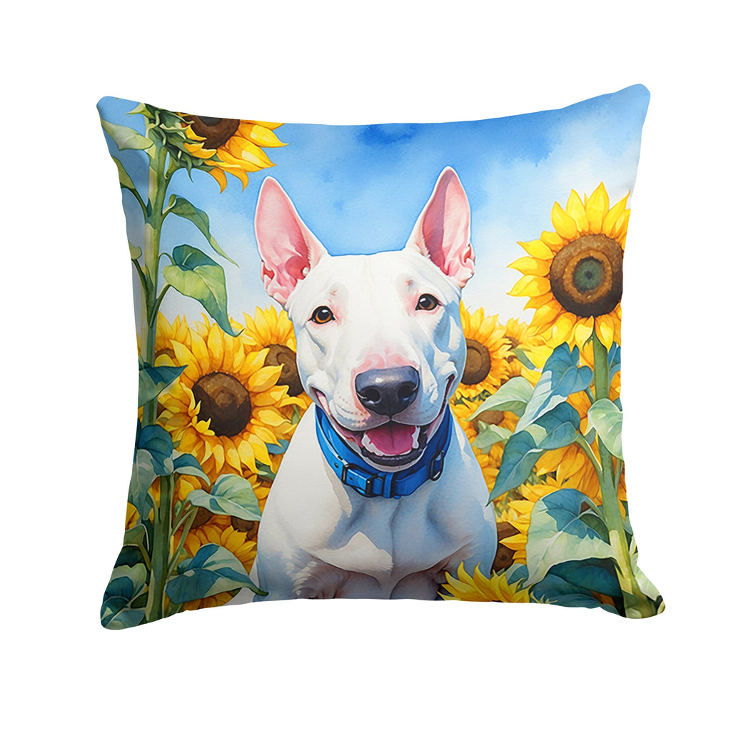 English Bull Terrier in Sunflowers Decorative Throw Pillow 18x18 Indoor Outdoor Accent Cushion, Fabric Cover with Insert for Sofa, Bed, Porch & Living Room