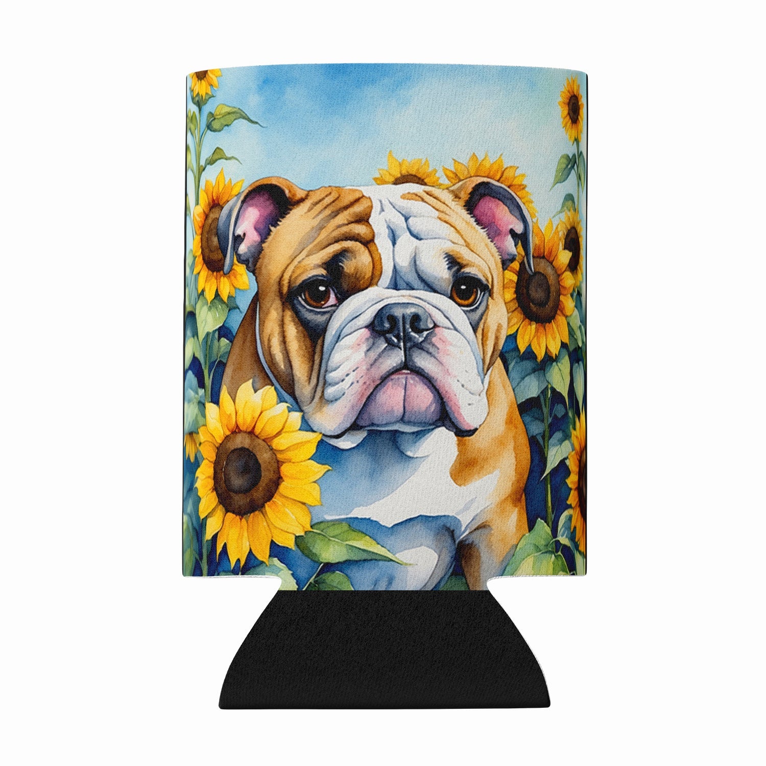 English Bulldog in Sunflowers Can or Bottle Hugger Cooler Sleeve for Standard 12 oz Cans, Insulated Foam Beer & Soda Can Hugger Reusable