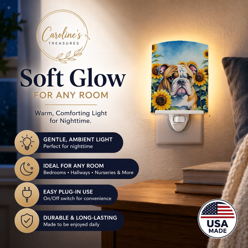 English Bulldog in Sunflowers Ceramic Night Light Compact, UL-Certified, Ideal for Bedroom, Bathroom, Nursery, Hallway, Kitchen, 6x4x3, Multicolor
