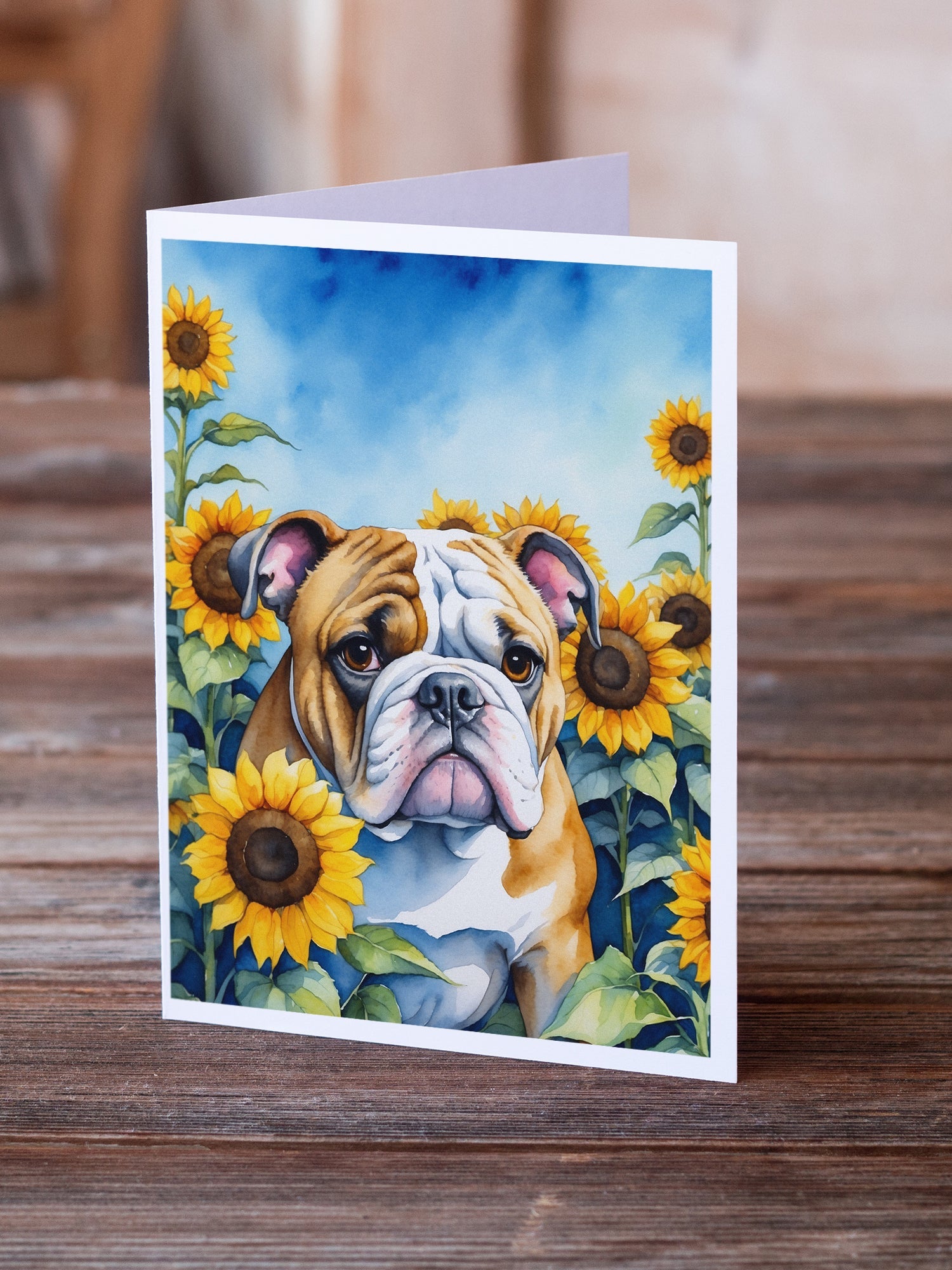 English Bulldog in Sunflowers Greeting Cards Pack of 8 Blank Cards with Envelopes Whimsical A7 Size 5x7
