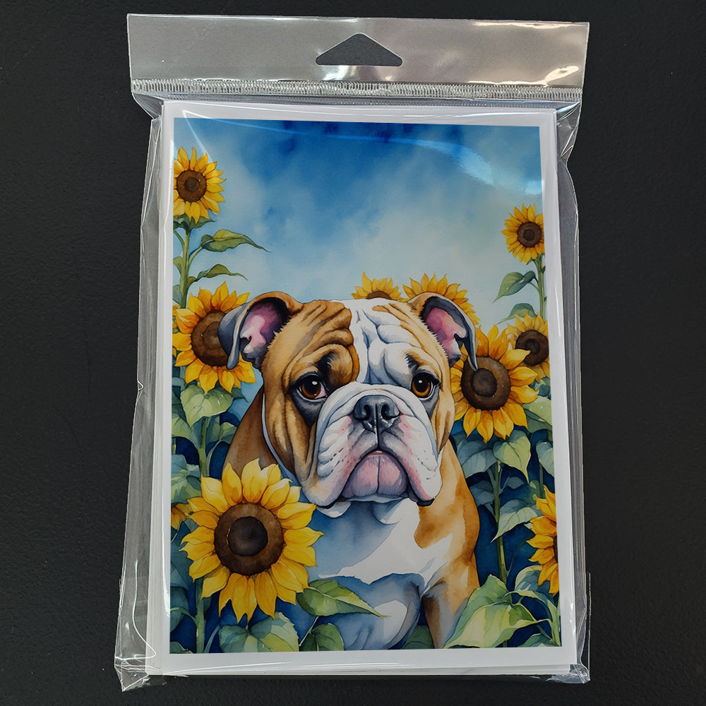 English Bulldog in Sunflowers Greeting Cards Pack of 8 Blank Cards with Envelopes Whimsical A7 Size 5x7
