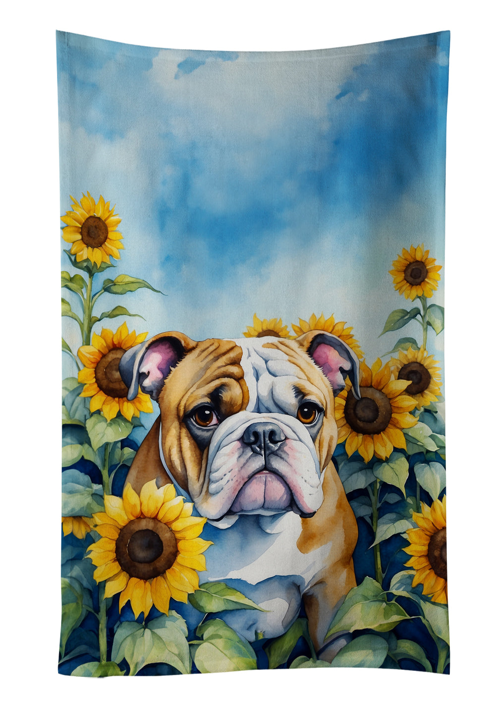 English Bulldog in Sunflowers Kitchen Towel Velour Plush Front and Cotton Loop Back Machine Washable