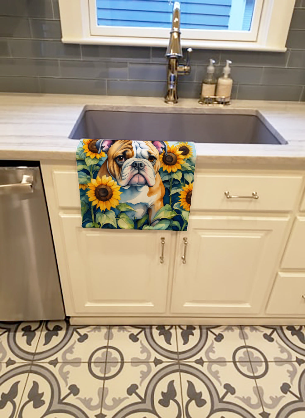 English Bulldog in Sunflowers Kitchen Towel Velour Plush Front and Cotton Loop Back Machine Washable