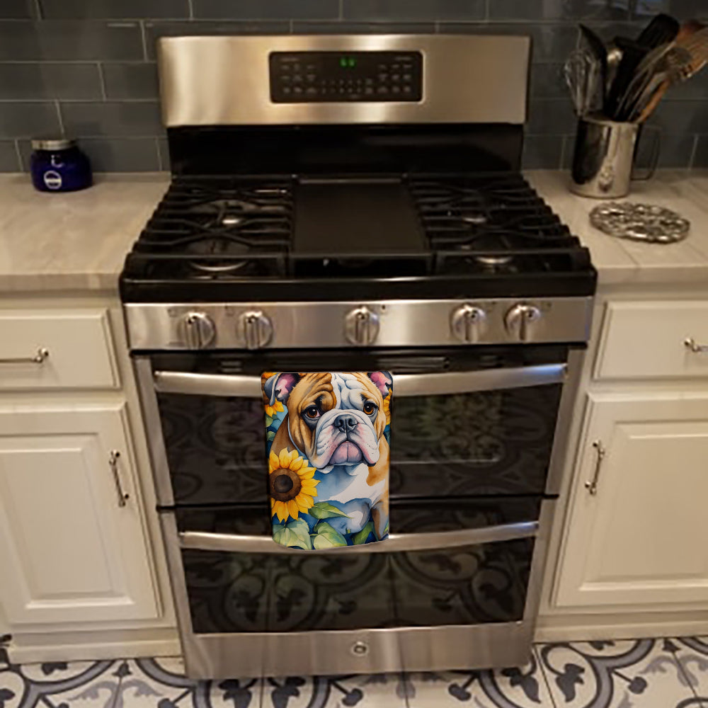 English Bulldog in Sunflowers Kitchen Towel Velour Plush Front and Cotton Loop Back Machine Washable