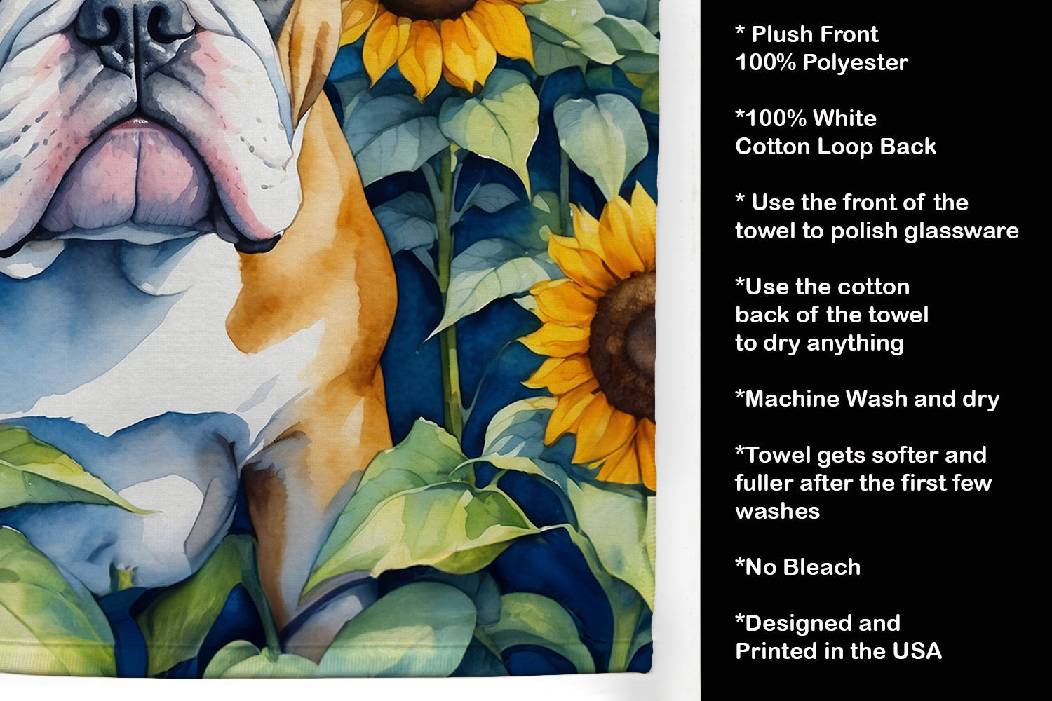 English Bulldog in Sunflowers Kitchen Towel Velour Plush Front and Cotton Loop Back Machine Washable