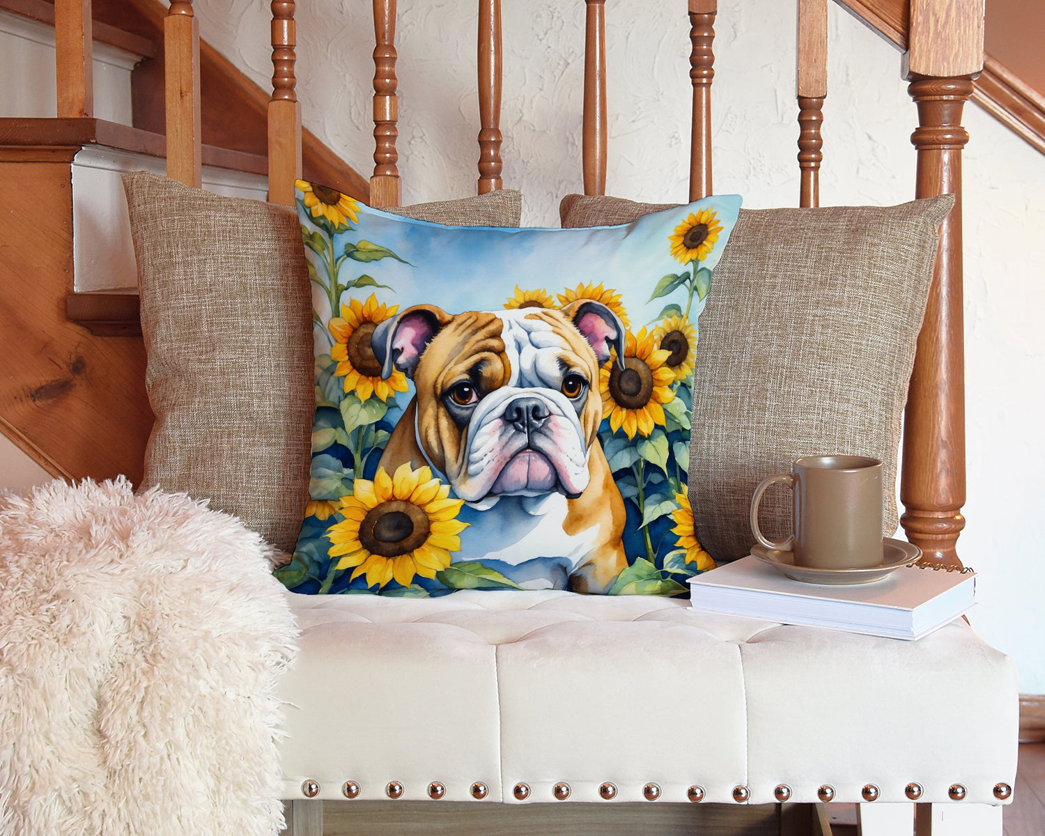 English Bulldog in Sunflowers Decorative Throw Pillow 14x14 Indoor Outdoor Accent Cushion, Fabric Cover with Insert for Sofa, Bed, Porch & Living Room