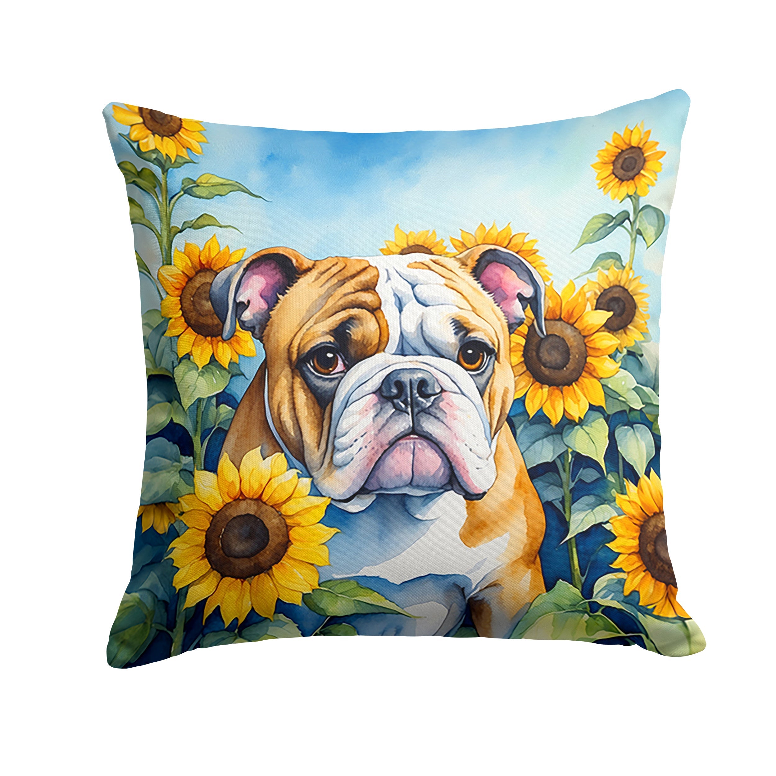 English Bulldog in Sunflowers Decorative Throw Pillow 18x18 Indoor Outdoor Accent Cushion, Fabric Cover with Insert for Sofa, Bed, Porch & Living Room