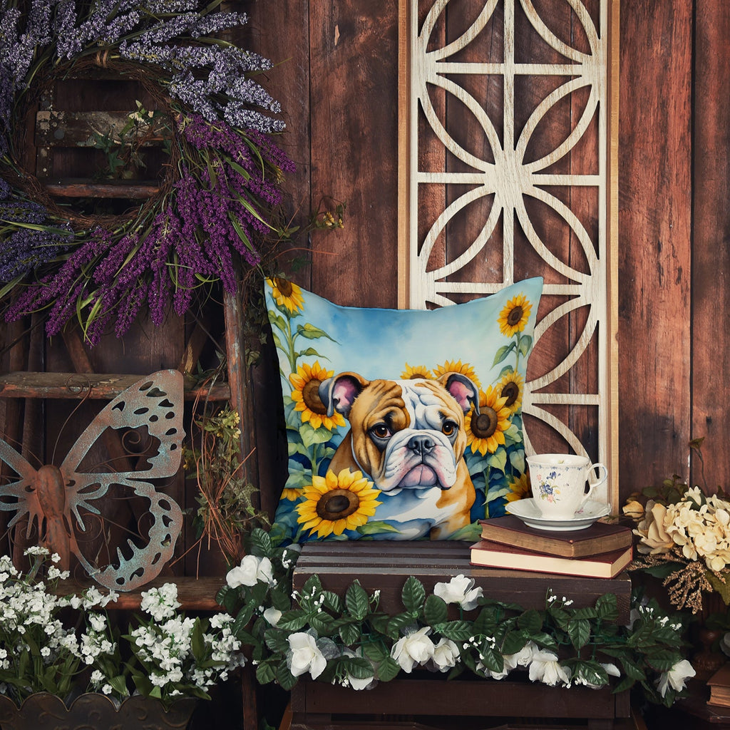 English Bulldog in Sunflowers Decorative Throw Pillow 18x18 Indoor Outdoor Accent Cushion, Fabric Cover with Insert for Sofa, Bed, Porch & Living Room