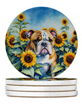 English Bulldog in Sunflowers Large Sandstone Coasters Pack of 4 Absorbent Round Coasters Decor Gifts for Men or Women, 4 in, Multicolor