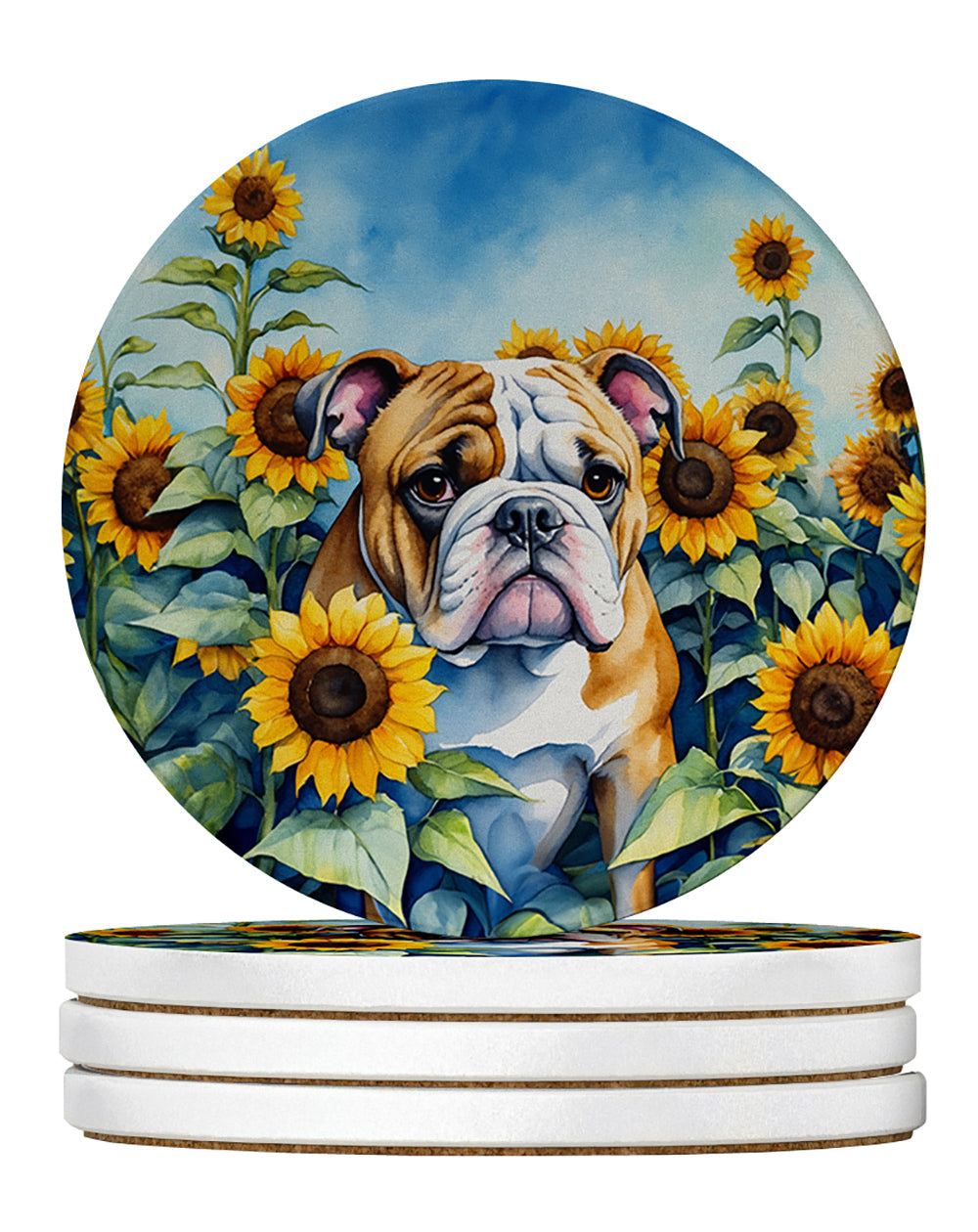 English Bulldog in Sunflowers Large Sandstone Coasters Pack of 4 Absorbent Round Coasters Decor Gifts for Men or Women, 4 in, Multicolor