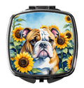 English Bulldog in Sunflowers Compact Mirror Decorative Travel Makeup Mirror for Women Girls Gifts Pocket Makeup Mirror Folding Handheld