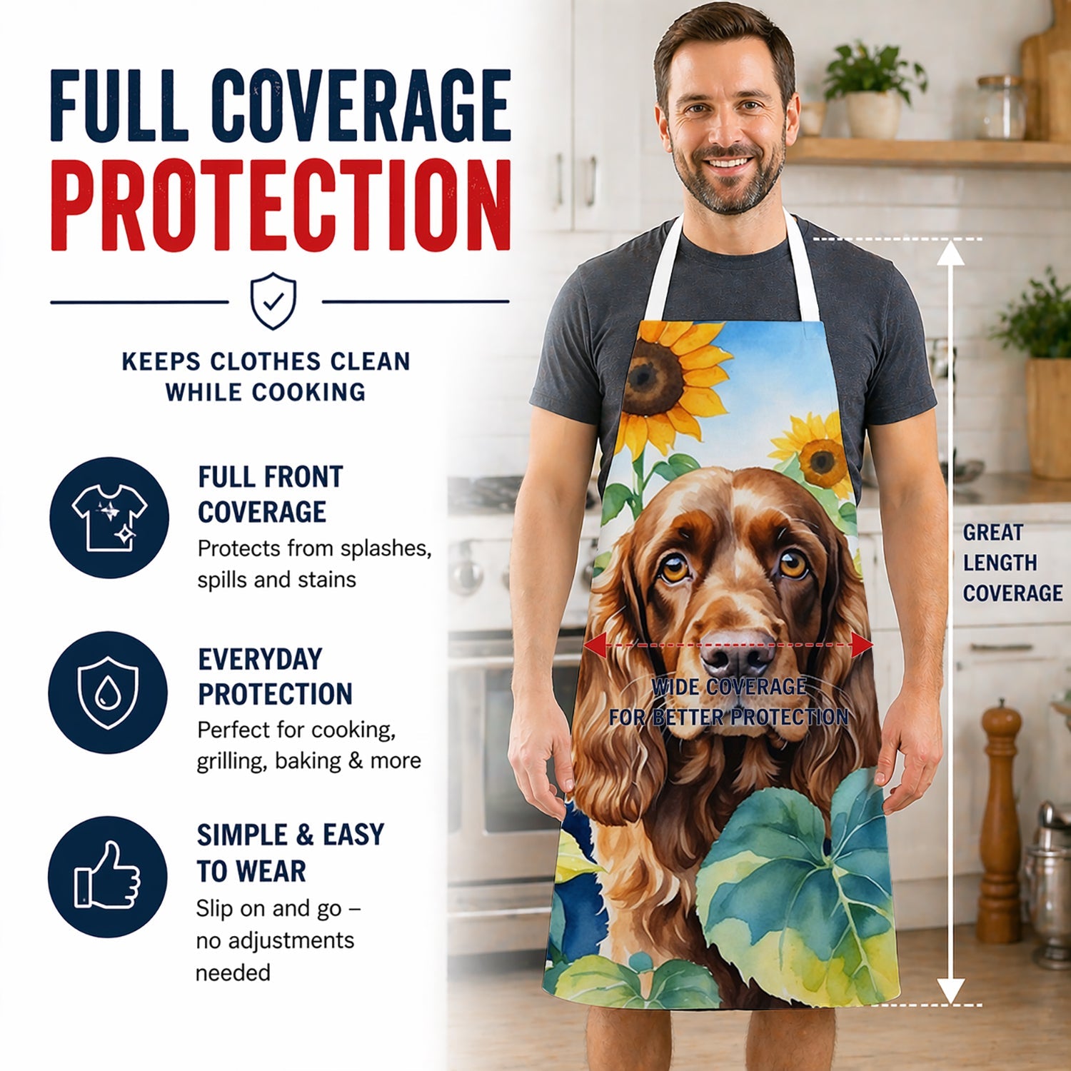English Cocker Spaniel in Sunflowers Apron Cooking Kitchen Server Baking Crafts Gardening for Adult Women Men, Unisex, Large, Multicolor