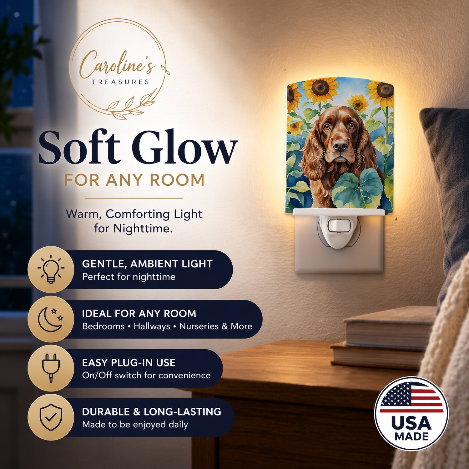 English Cocker Spaniel in Sunflowers Ceramic Night Light Compact, UL-Certified, Ideal for Bedroom, Bathroom, Nursery, Hallway, Kitchen, 6x4x3, Multicolor