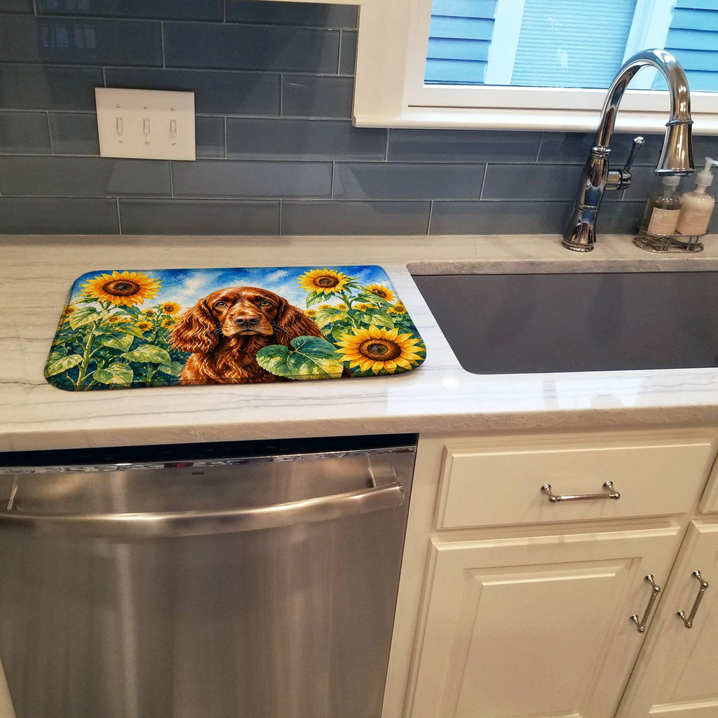 English Cocker Spaniel in Sunflowers Dish Drying Mat Absorbent Dish Drying Mat Pad for Kitchen Counter Dish Drainer Mat for Countertop, 14 x 21", Multicolor