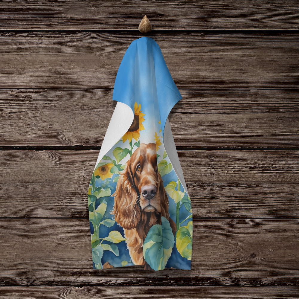 English Cocker Spaniel in Sunflowers Kitchen Towel Velour Plush Front and Cotton Loop Back Machine Washable