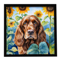 English Cocker Spaniel in Sunflowers Framed Metal Print Bathroom, Kitchen, Office, Home Decor Wall Art Ready to Hang, Square, 8X8