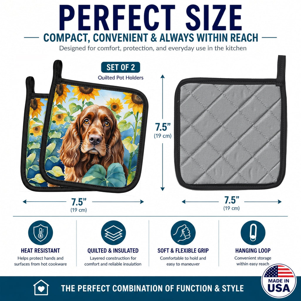 English Cocker Spaniel in Sunflowers Pot Holder Set of 2 Heat Resistant Quilted Hot Pads 7.5 x 7.5 Inch, Insulated Kitchen Trivets for Cooking & Baking