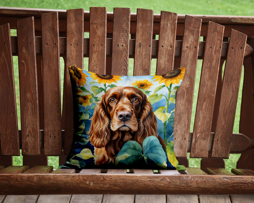 English Cocker Spaniel in Sunflowers Decorative Throw Pillow 14x14 Indoor Outdoor Accent Cushion, Fabric Cover with Insert for Sofa, Bed, Porch & Living Room