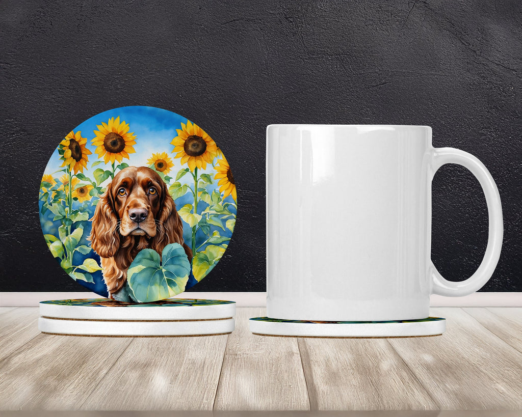 English Cocker Spaniel in Sunflowers Large Sandstone Coasters Pack of 4 Absorbent Round Coasters Decor Gifts for Men or Women, 4 in, Multicolor