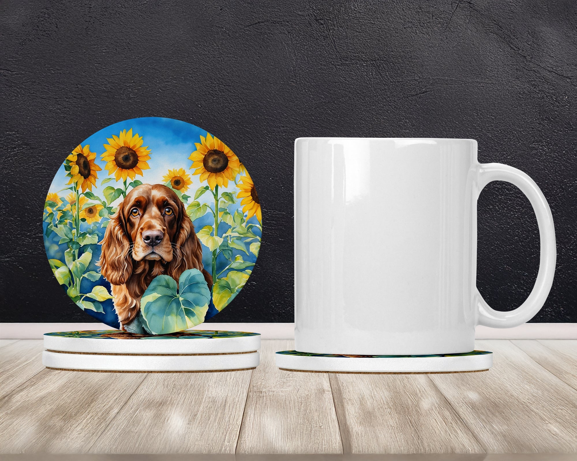 English Cocker Spaniel in Sunflowers Large Sandstone Coasters Pack of 4 Absorbent Round Coasters Decor Gifts for Men or Women, 4 in, Multicolor