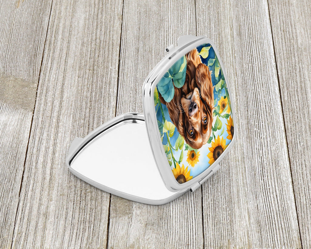 English Cocker Spaniel in Sunflowers Compact Mirror Decorative Travel Makeup Mirror for Women Girls Gifts Pocket Makeup Mirror Folding Handheld