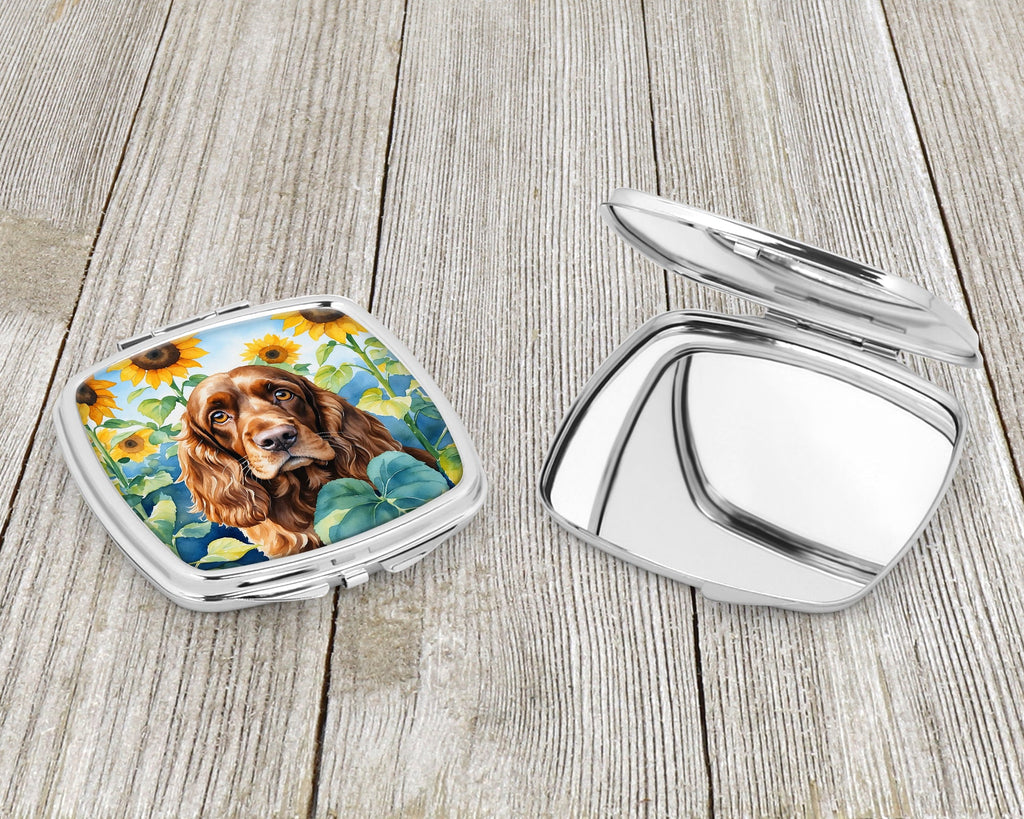 English Cocker Spaniel in Sunflowers Compact Mirror Decorative Travel Makeup Mirror for Women Girls Gifts Pocket Makeup Mirror Folding Handheld