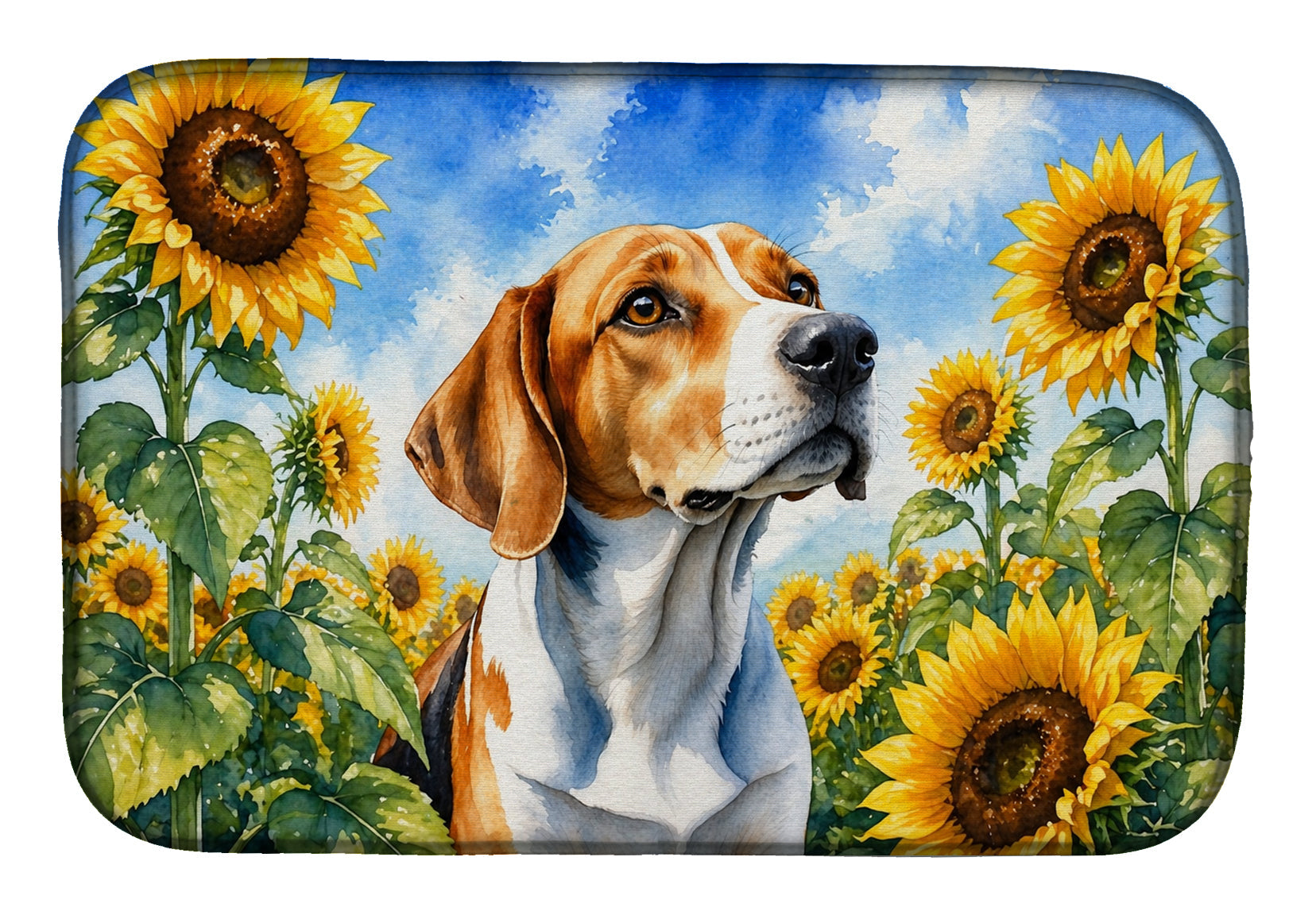 English Foxhound in Sunflowers Dish Drying Mat Absorbent Dish Drying Mat Pad for Kitchen Counter Dish Drainer Mat for Countertop, 14 x 21", Multicolor
